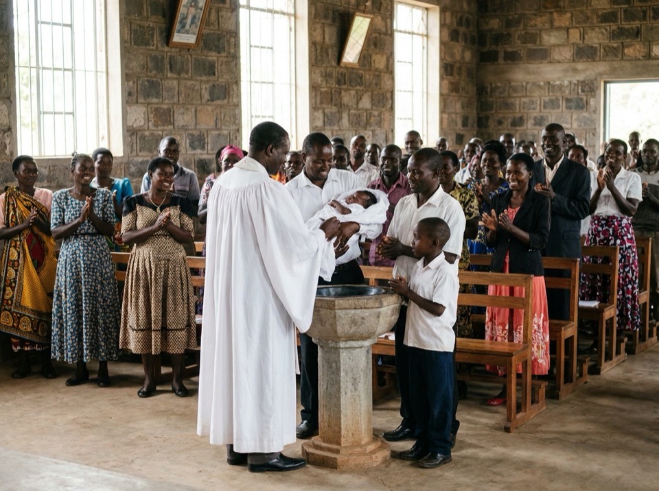 A baptism at the front of a church
