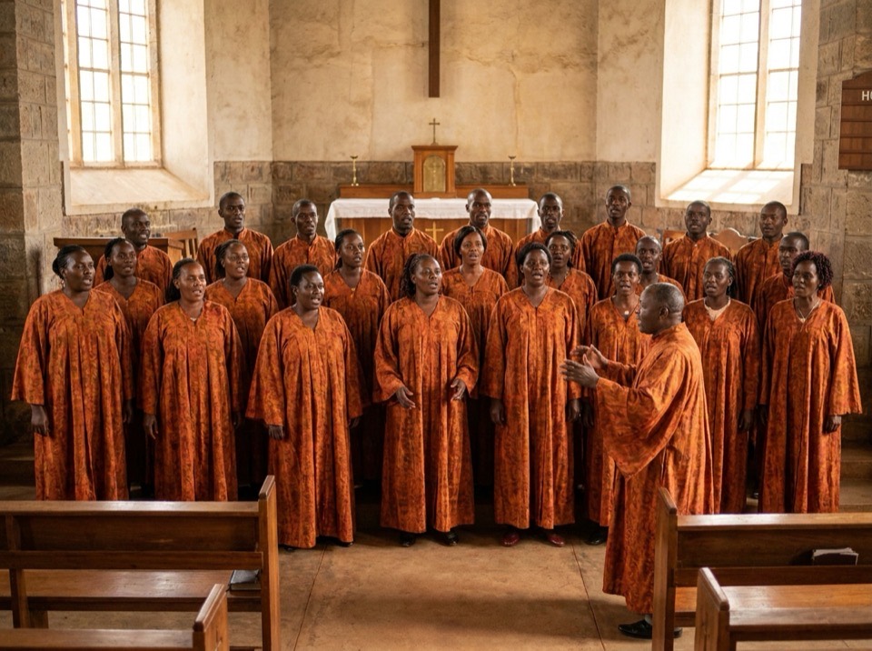 A church choir singing at the front of the church