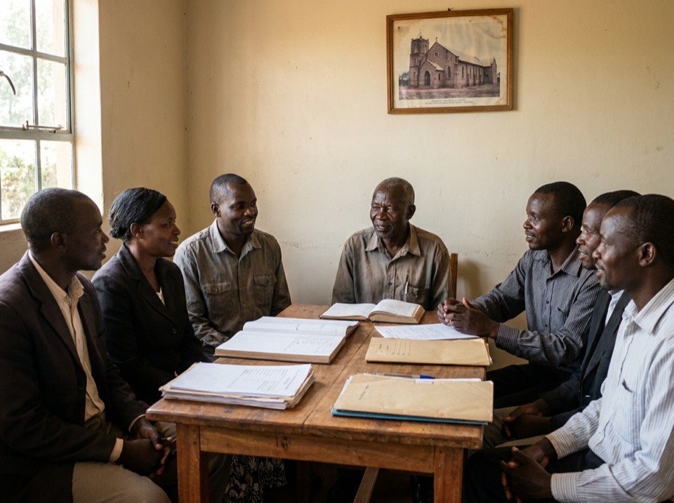 A church council meeting in the vestry