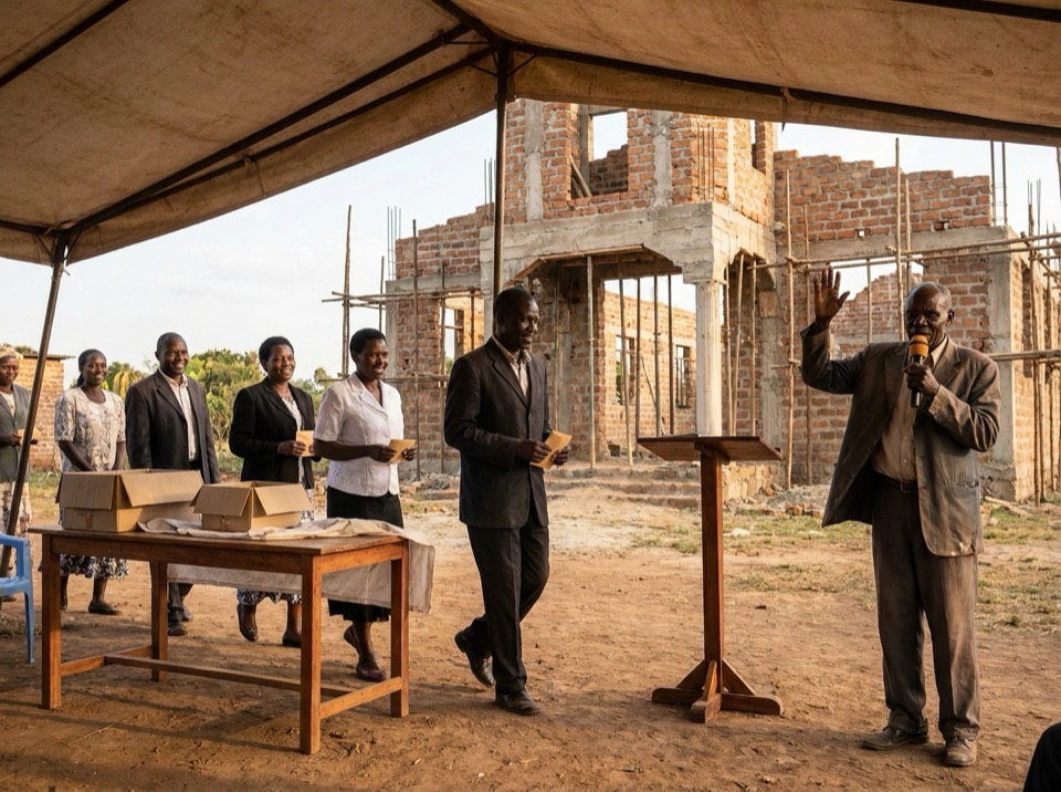 Members giving at a church harambee beside the new building