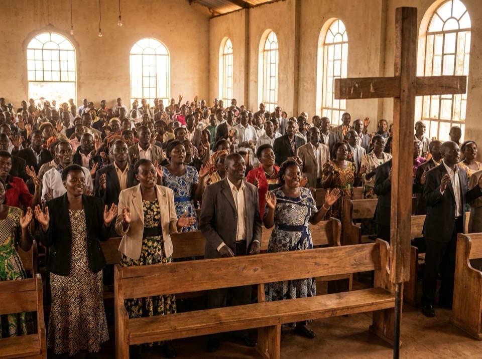 A congregation singing at a Sunday service